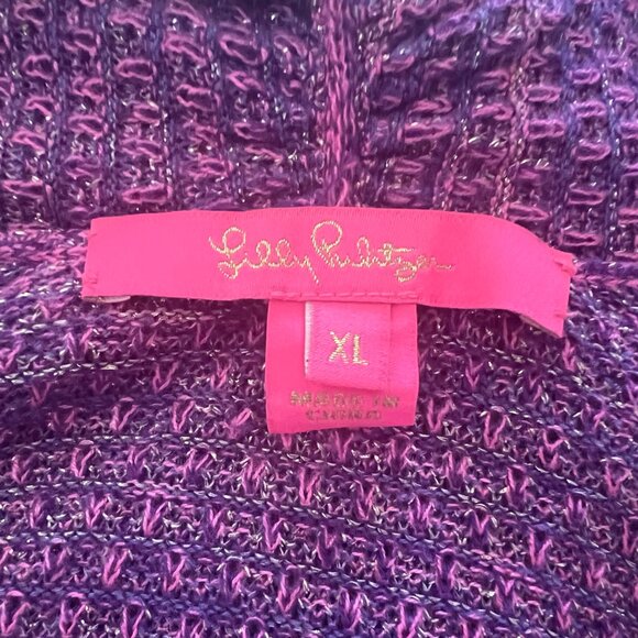 Lilly Pulitzer Tova Metallic Knit Cardigan Sweater w/ Tassels Purple Pink XL - Picture 13 of 13